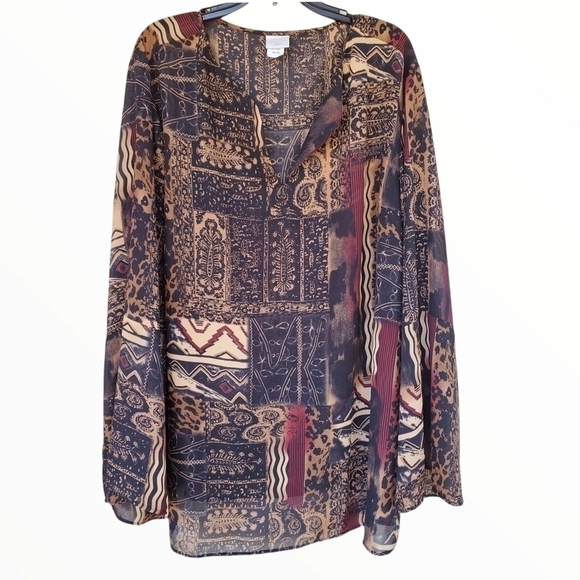Studio C Plus sz 26 / 28 Tribal print sheer bell sleeve Earthy tones tunic - Picture 4 of 14